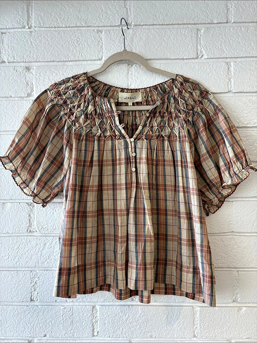 The Great. The Hazel Top. Plaid Cotton Linen Blouse